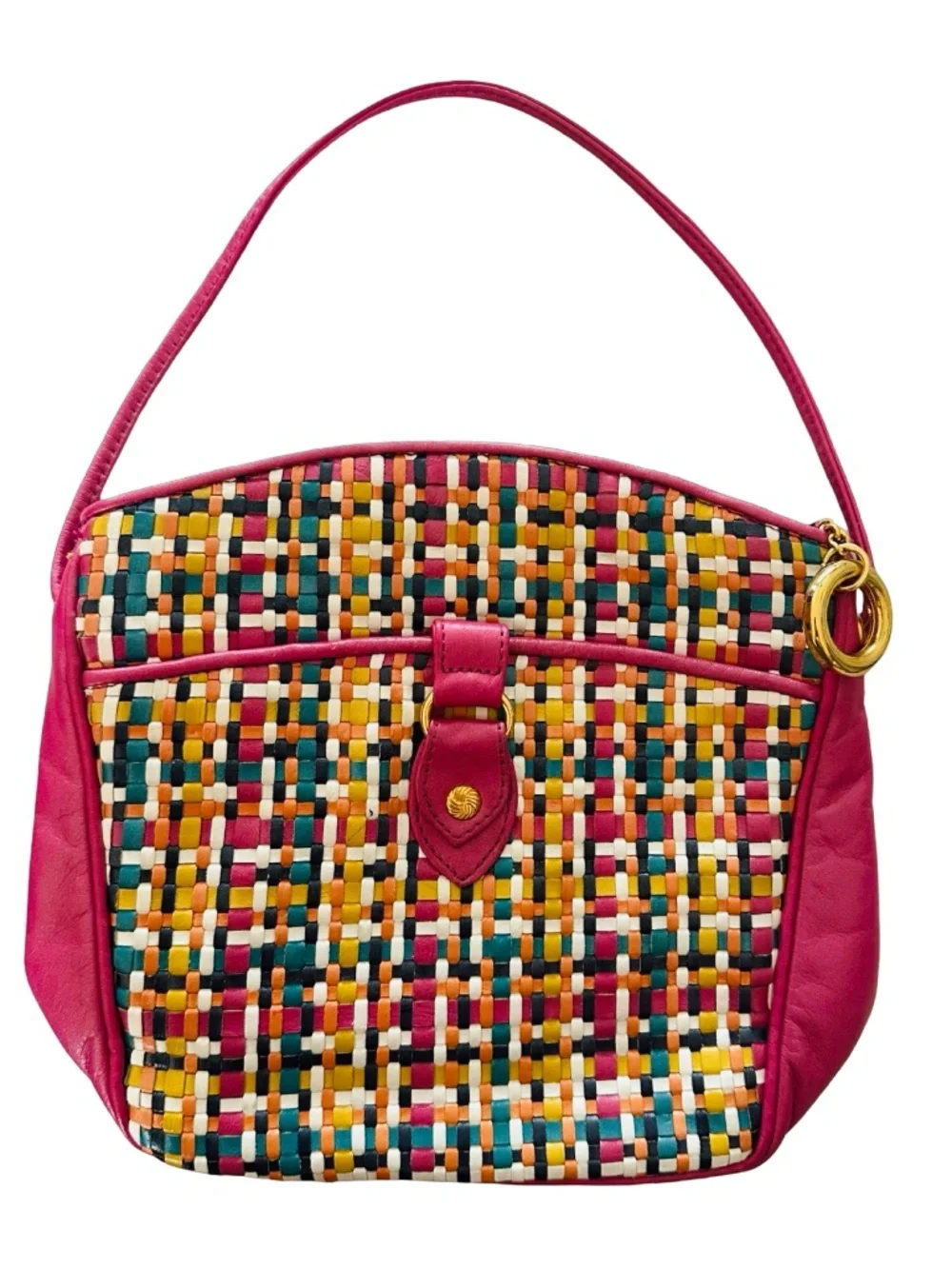 GANSON San Francisco Vintage Woven Leather Handbag 8”x 7.5”x 3” Multicolor Pink